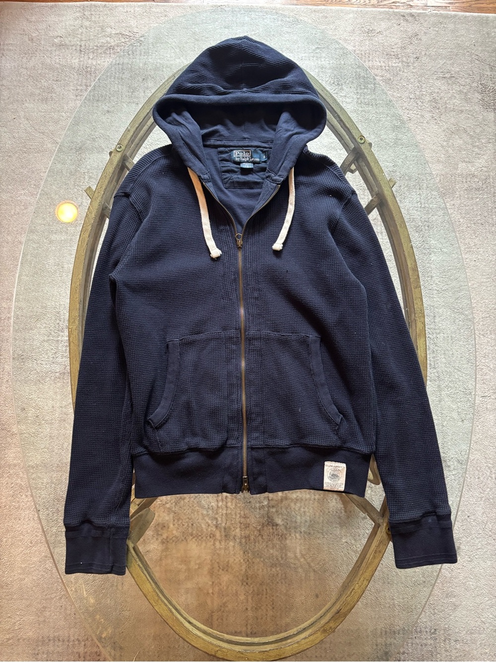 Ralph Lauren Navy Hooded Zip Sweatshirt with Cream Drawcords
